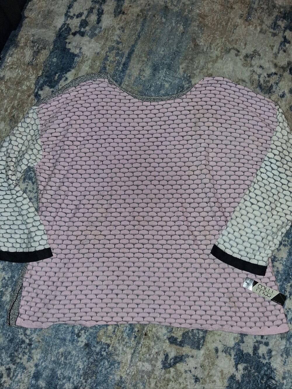 Women's Pink Waffle-Knit Crew Sweater with Cream Contrast Sleeves